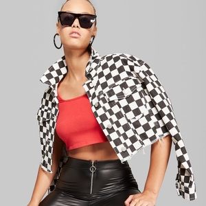 🏁BRAND NEW cropped denim checkerboard jacket